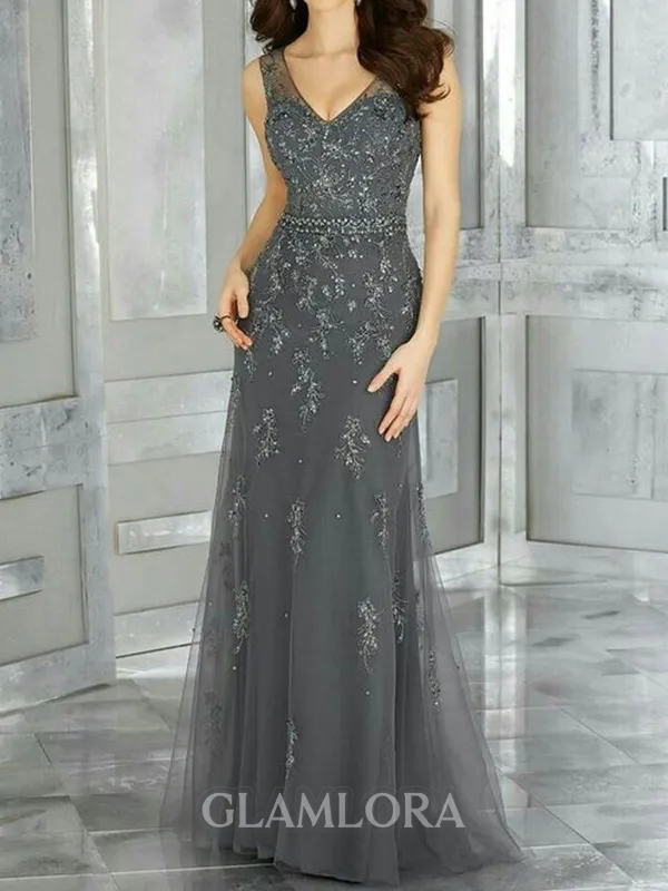 Stylish A-line V-Neck Appliques Lace Sweep Train Tulle Mother of the Bride Dress