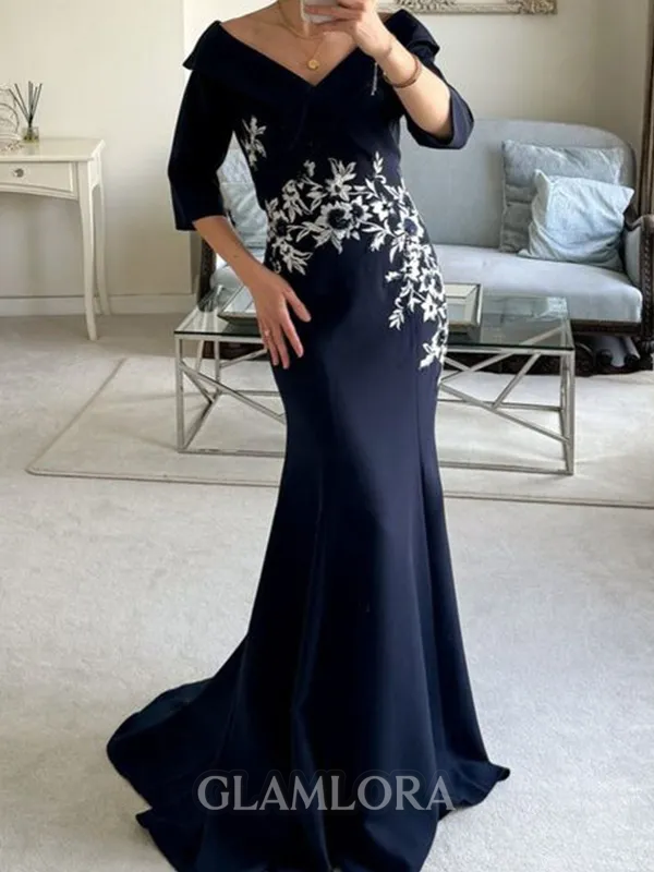 Classy Sheath V-Neck 1/2 Sleeves Appliques Lace Sweep Train Stretch Crepe Mother of the Bride Dress