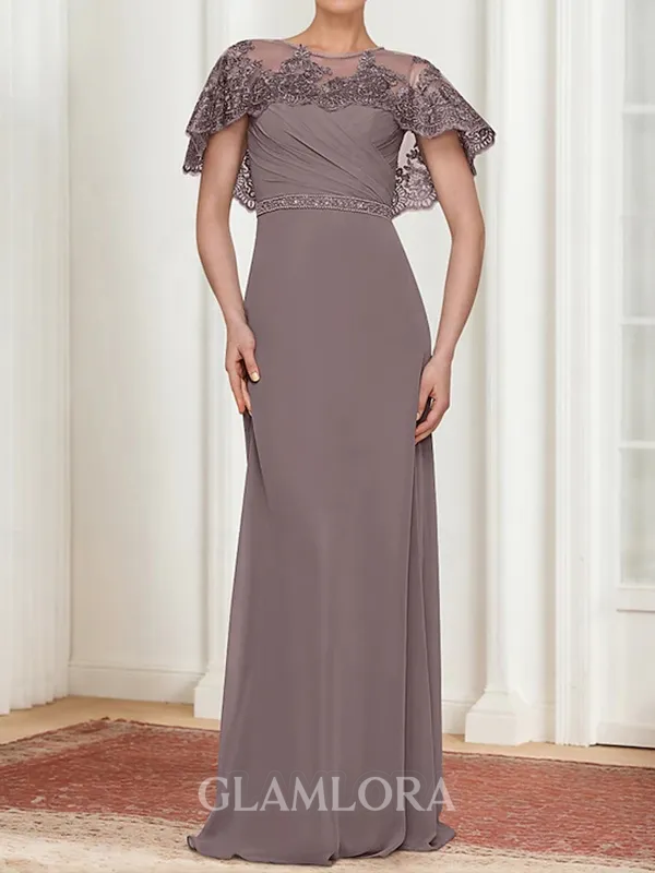 Chic Sheath Bateau Short Sleeves Appliques Lace Floor-Length Chiffon Mother of the Bride Dress