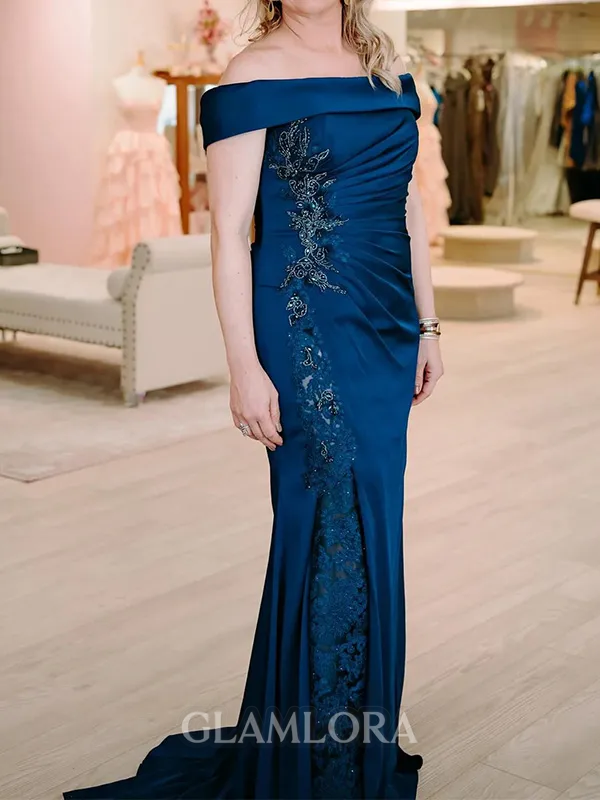 Flattering Sheath Off-the-Shoulder Appliques Lace Court Train Silk like Satin Mother of the Bride Dress