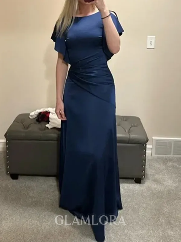 Tasteful Sheath Bateau Short Sleeves Pleated Floor-Length Silk like Satin Mother of the Bride Dress