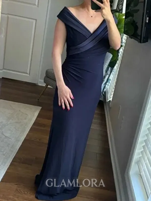 Radiant Sheath V-Neck Pleated Floor-Length Jersey Mother of the Bride Dress