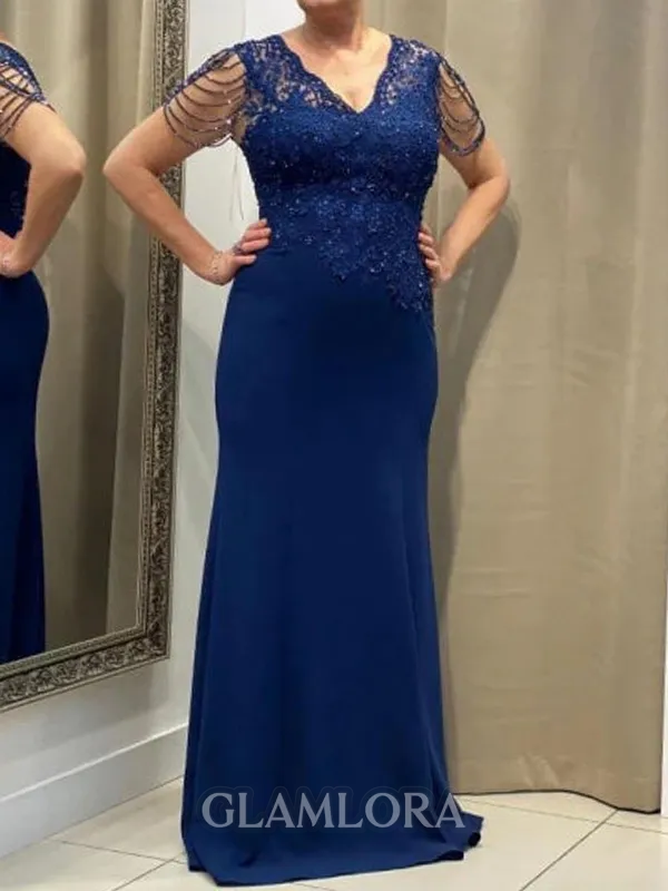 Resplendent Sheath V-Neck Appliques Lace Sweep Train Satin Chiffon Mother of the Bride Dress