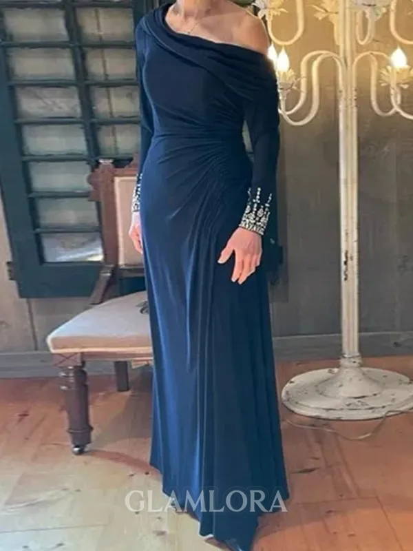 Gracious Sheath One-Shoulder Long Sleeves Pleated Floor-Length Jersey Mother of the Bride Dress