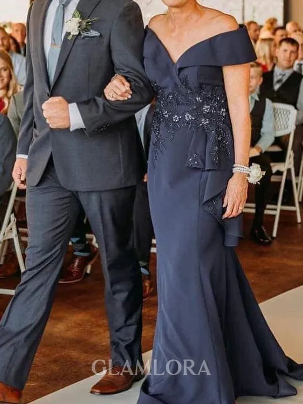 Stunning Sheath V-Neck Appliques Lace Sweep Train Stretch Crepe Mother of the Bride Dress