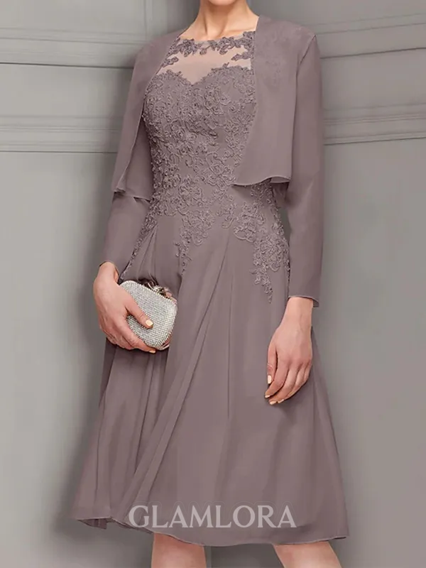 Immaculate A-line Bateau Appliques Lace Knee-Length Chiffon Mother of the Bride Dress