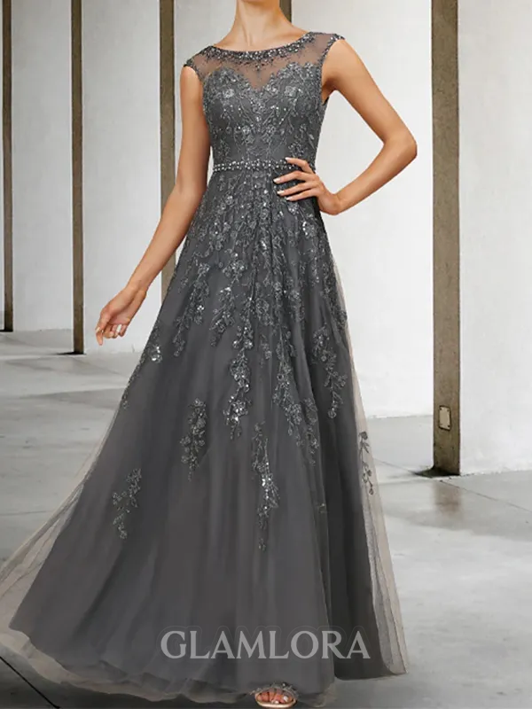 Elegant A-line Scoop Appliques Lace Floor-Length Tulle Mother of the Bride Dress