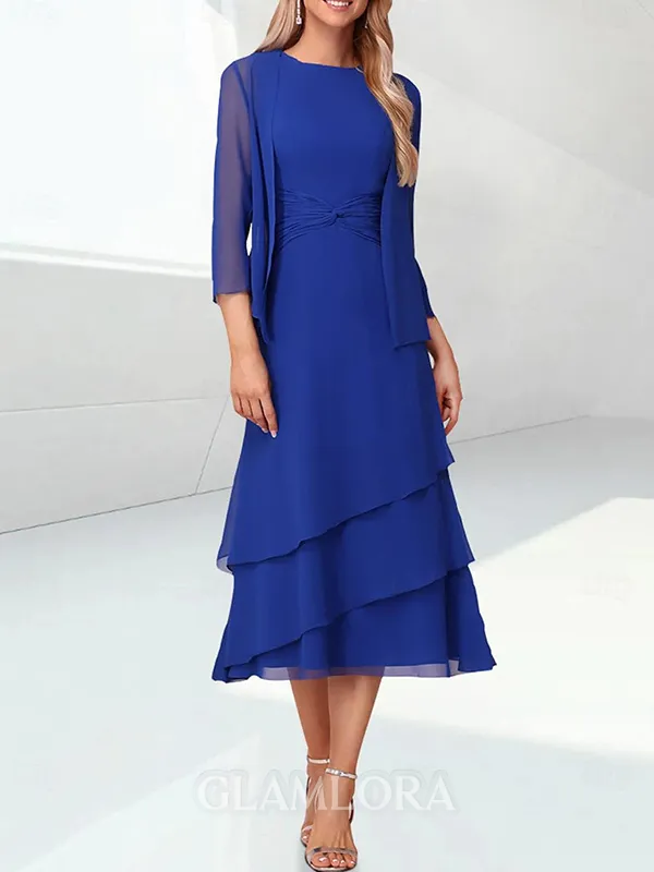 Refined A-line Scoop Cascading Ruffles Tea-Length Chiffon Mother of the Bride Dress
