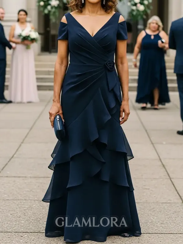 Sophisticated Sheath Cold Shoulder Cascading Ruffles Floor-Length Chiffon Mother of the Bride Dress