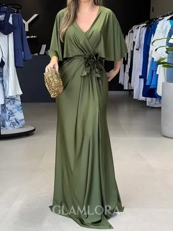 Flattering Sheath V-Neck 1/2 Sleeves Pleated Sweep Train Silk Like Satin Mother of the Bride Dress With Leg Silt