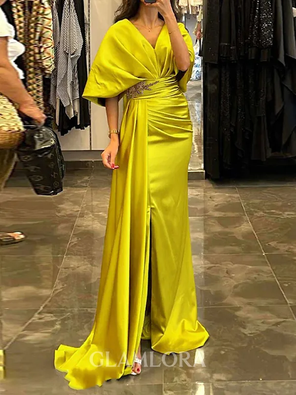 Glamorous Sheath V-Neck 1/2 Sleeves Pleated Sweep Train Silk Like Satin Mother of the Bride Dress