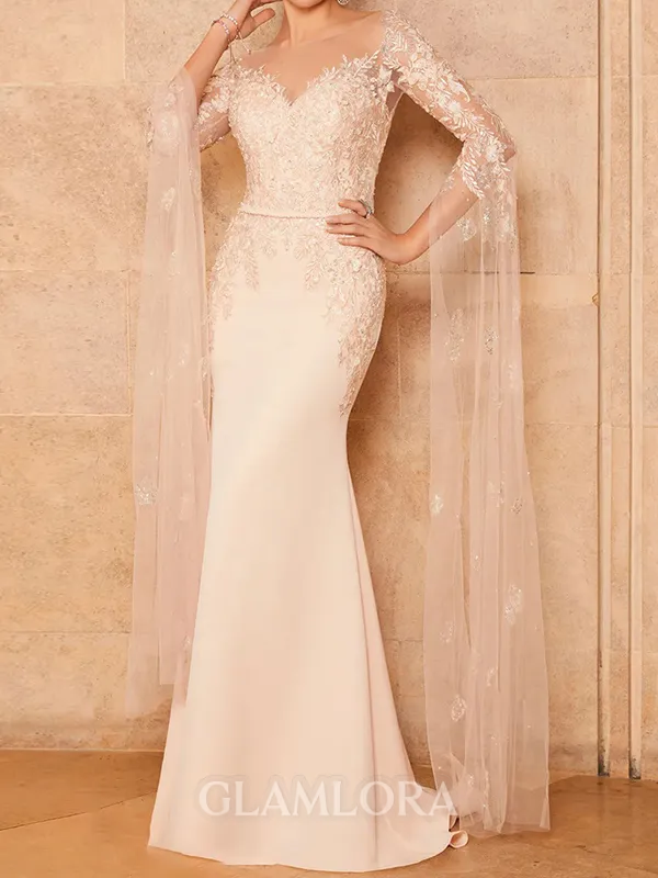 Flattering Sheath Scoop Long Sleeves Appliques Lace Sweep Train Stretch Crepe Mother of the Bride Dress