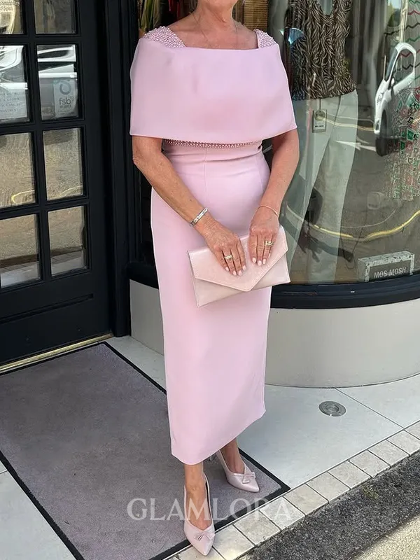 Resplendent Sheath Square Short Sleeves Beading Tea-Length Stretch Crepe Mother of the Bride Dress
