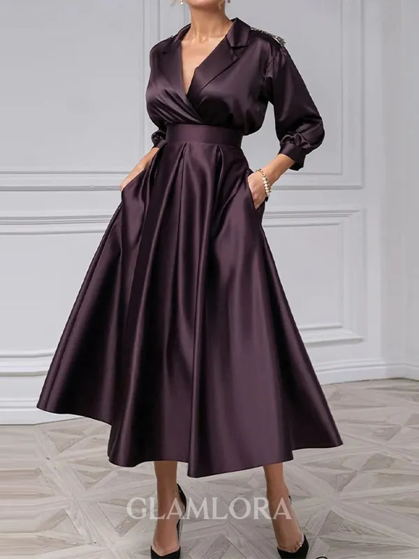 Impeccable A-line V-Neck 3/4 Sleeves Beading Tea-Length Silk Like Satin Mother of the Bride Dress