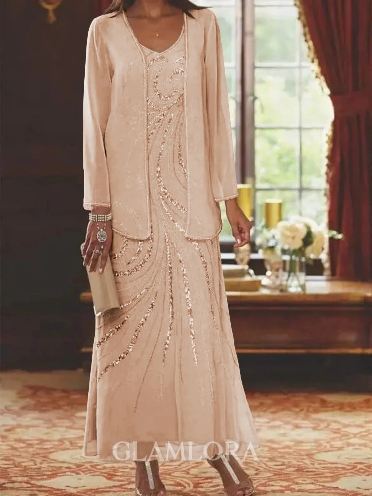 Elegant Sheath Sweetheart Sequin Ankle-Length Chiffon Mother of the Bride Dress