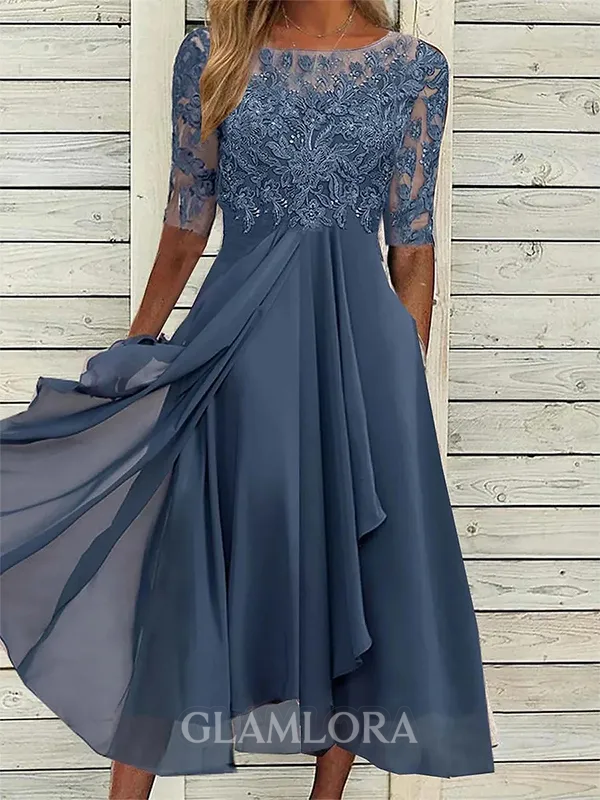 High-Quality Soft Fabric for Wedding Guests Mother of the Bride Dress Tea Length Elegant A-Line Chiffon Gown with Scoop Neck 1/2 Sleeves & Lace Appliques 