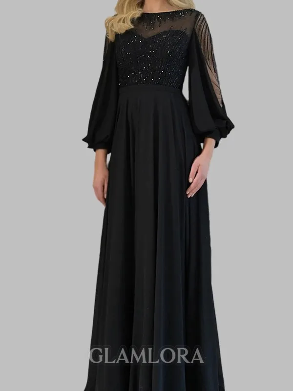 Graceful A-line Scoop Long Sleeves Beading Floor-Length Chiffon Corset Mother of the Bride Dress
