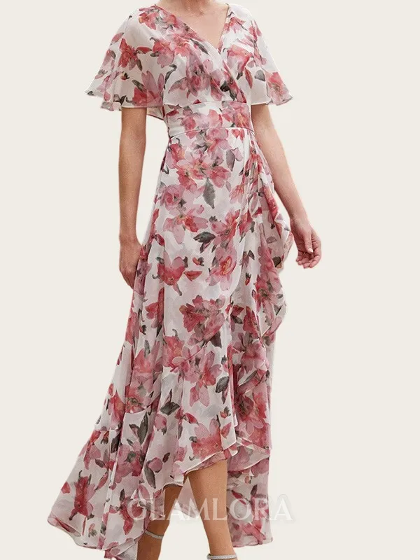 Refined A-line V-Neck Short Sleeves Ruffles Asymmetrical Mother of the Bride Dress