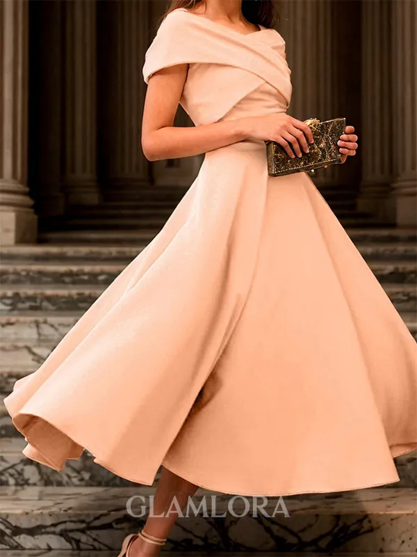 Resplendent A-line Off-the-Shoulder Pleated Tea-Length Satin Corset Mother of the Bride Dress