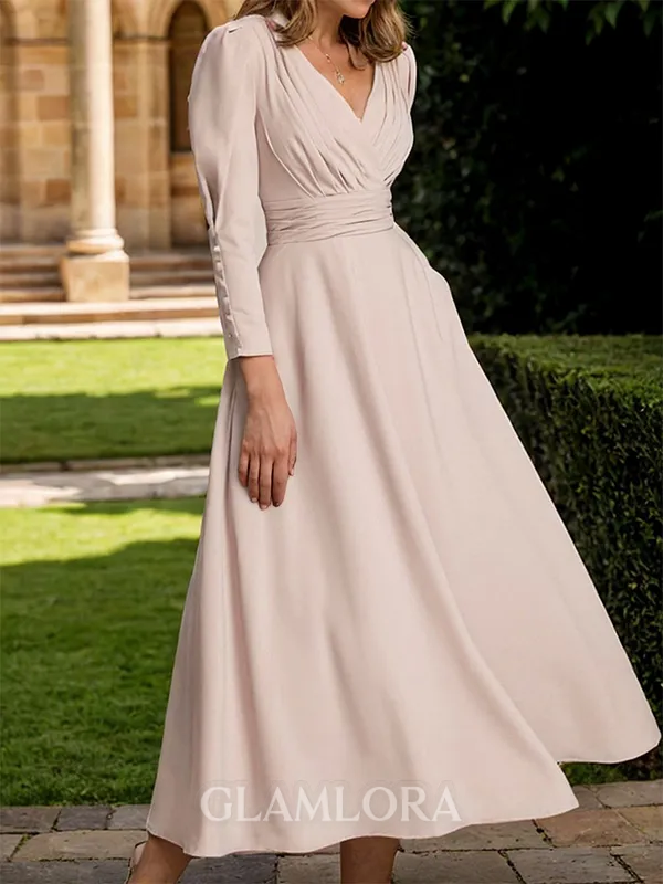 Stunning A-line V-Neck Long Sleeves Pleated Ankle-Length Stretch Crepe Mother of the Bride Dress