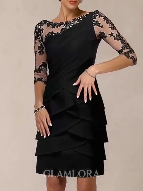 Impeccable Sheath Scoop 3/4 Sleeves Appliques Lace Short/Mini Chiffon Mother Of The Bride Dress