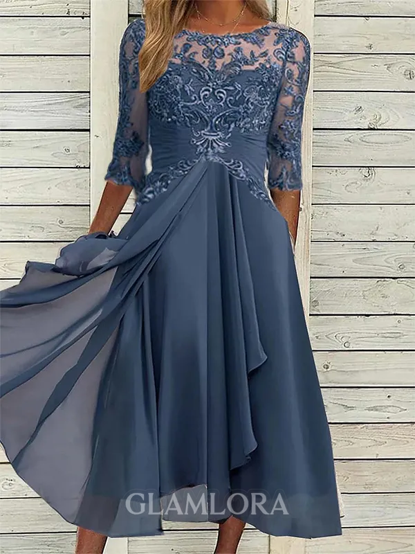 High-Quality Soft Fabric For Wedding Guests Mother Of The Bride Dress Tea Length Elegant A-Line Chiffon Gown With Scoop Neck 3/4 Sleeves & Lace Appliques