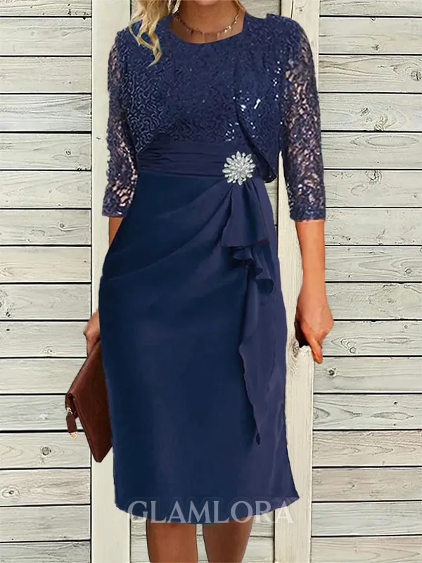 Sheath Scoop 3/4 Sleeves Knee-Length Chiffon Timeless Mother Of The Bride Dress