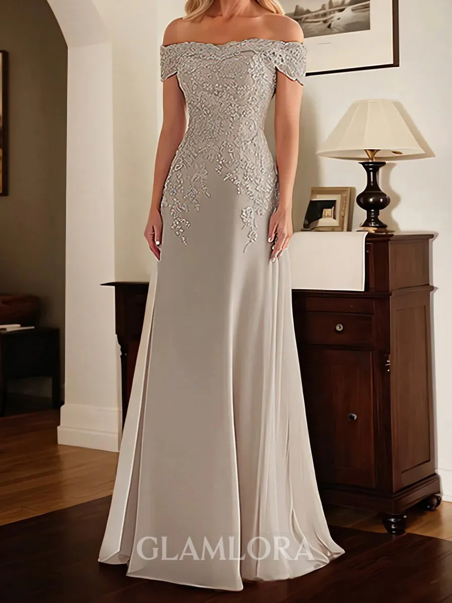 Exquisite Sheath Off-the-Shoulder Appliques Lace Floor-Length Chiffon Corset Mother of the Bride Dress