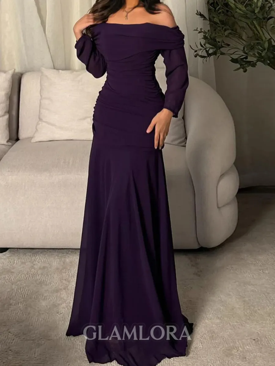 Graceful Sheath Off-the-Shoulder Long Sleeves Pleated Floor-Length Chiffon Corset Mother of the Bride Dress
