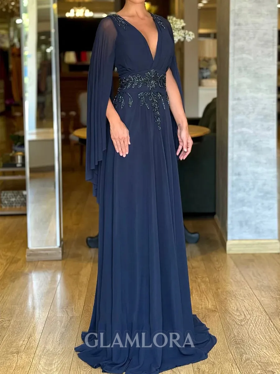 Gorgeous A-line V-Neck Long Sleeves Beading Floor-Length Chiffon Corset Mother of the Bride Dress