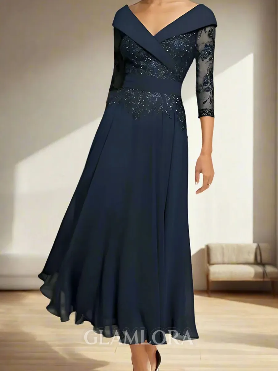 Show-stopping A-line V-Neck 3/4 Sleeves Appliques Lace Tea-Length Chiffon Corset Mother of the Bride Dress