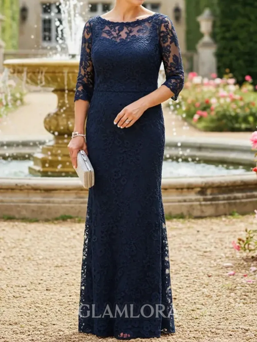 Striking Sheath Scoop 3/4 Sleeves Floor-Length Lace Mother of the Bride Dress