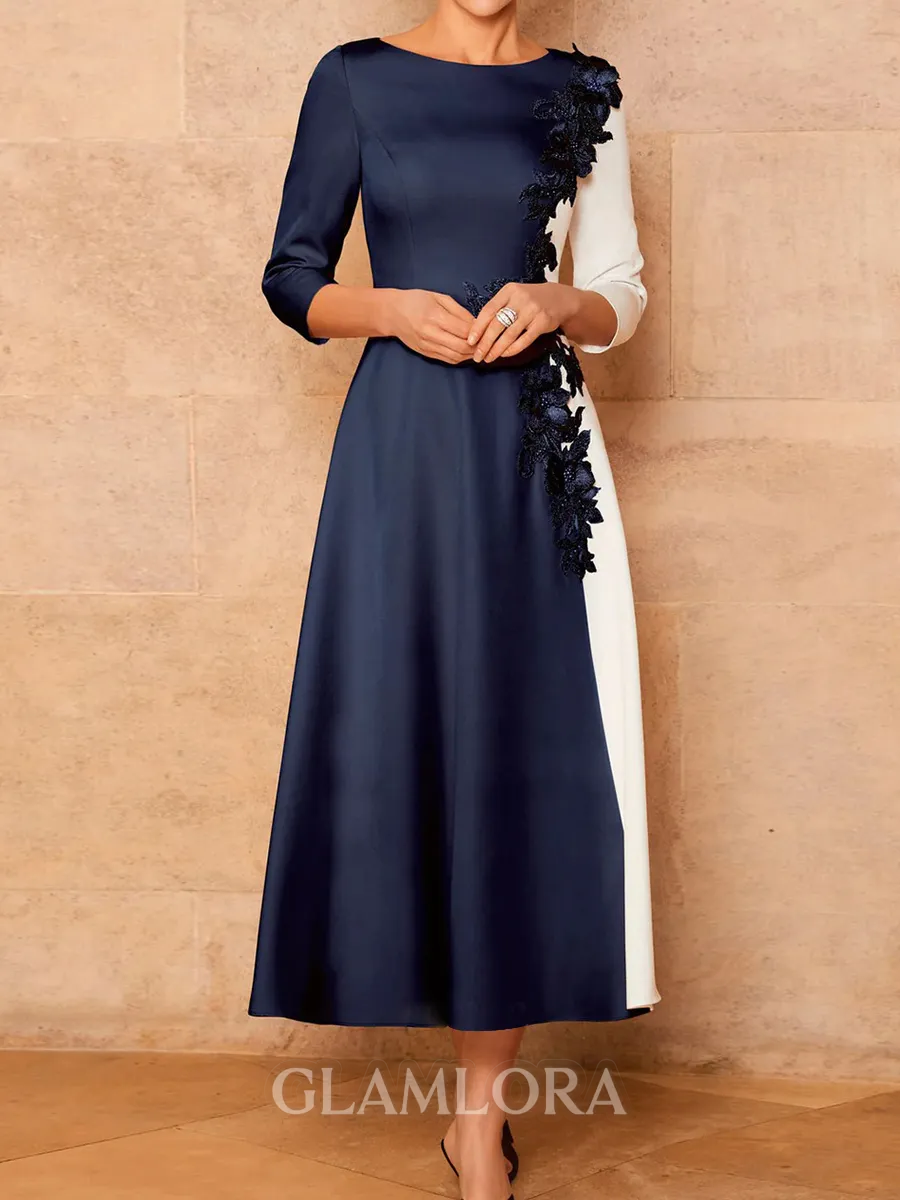 Graceful A-Line Scoop 3/4 Sleeves Appliques Lace Tea-Length Stretch Crepe Corset Mother of the Bride Dress