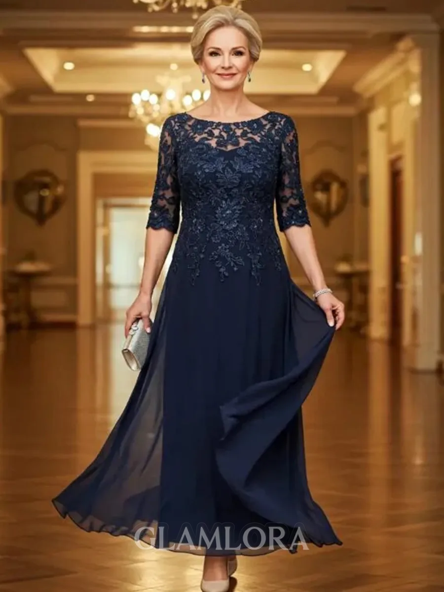 Stylish A-Line Scoop 3/4 Sleeves Appliques Lace Ankle-Length Chiffon Corset Mother of the Bride Dress