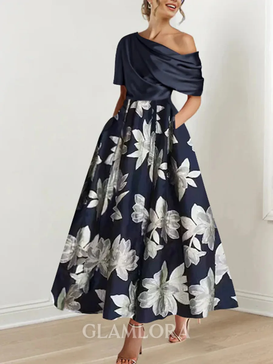 Refined A-Line Short Sleeves Pleated Ankle-Length Corset Mother of the Bride Dress