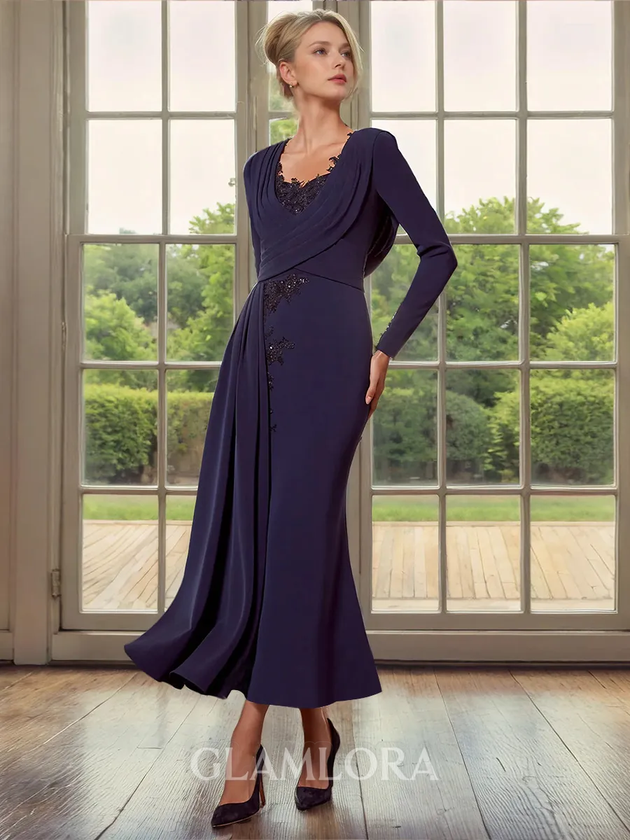 Chic Sheath Sweetheart Long Sleeves Appliques Lace Ankle-Length Stretch Crepe Corset Mother of the Bride Dress