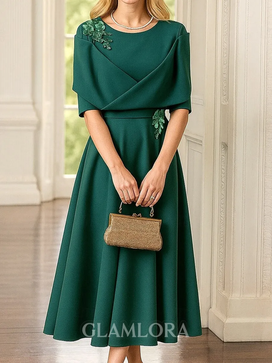 Glamorous A-Line Scoop 1/2 Sleeves Ruffles Tea-Length Mother of the Bride Dress