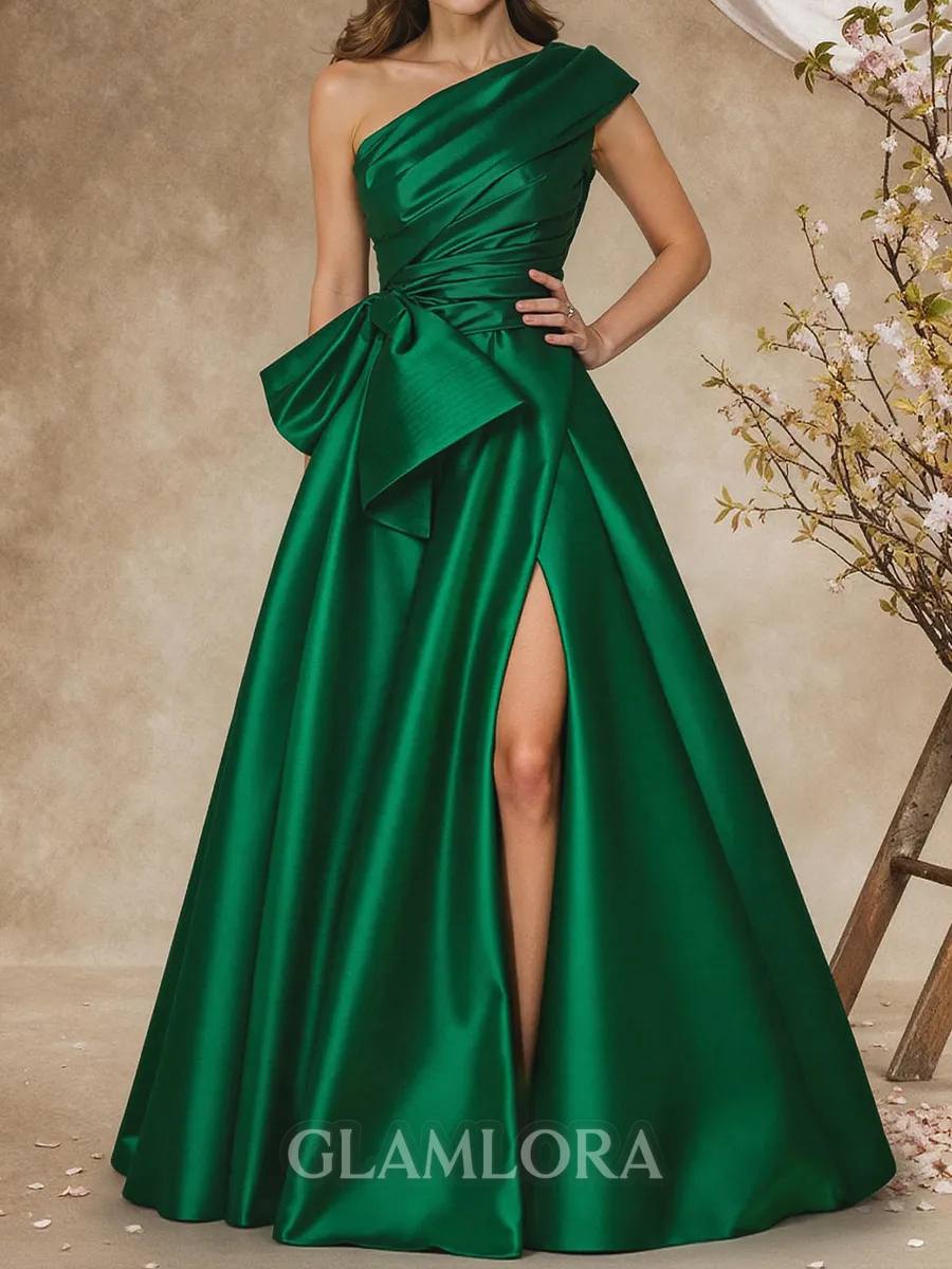 Radiant A-Line One-Shoulder Bow Floor-Length Satin Corset Mother of the Bride Dress