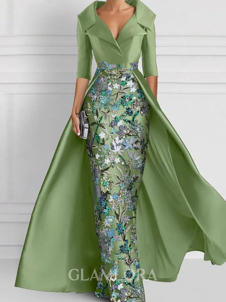 Resplendent Sheath V-Neck 1/2 Sleeves Appliques Lace Floor-Length Satin Corset Mother of the Bride Dress