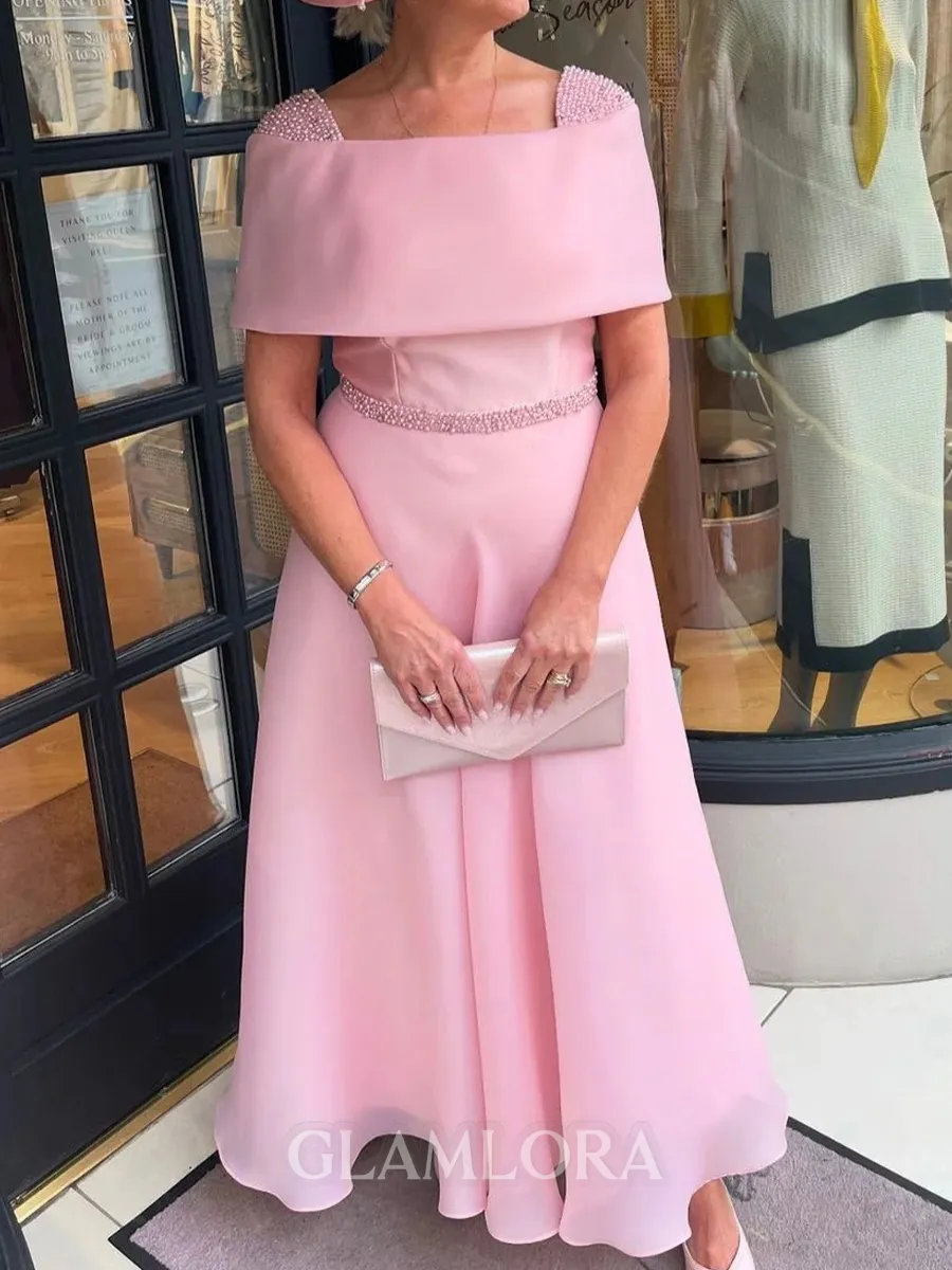 Rhythmic A-Line Square Short Sleeves Ruffles Ankle-Length Organza Corset Mother of the Bride Dress