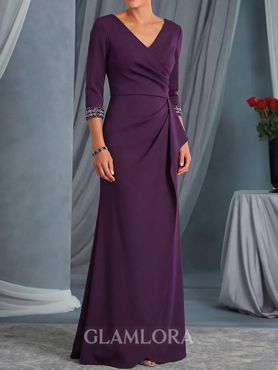 Timeless Sheath V-Neck Pleated Floor-Length Jersey Mother of the Bride Dress