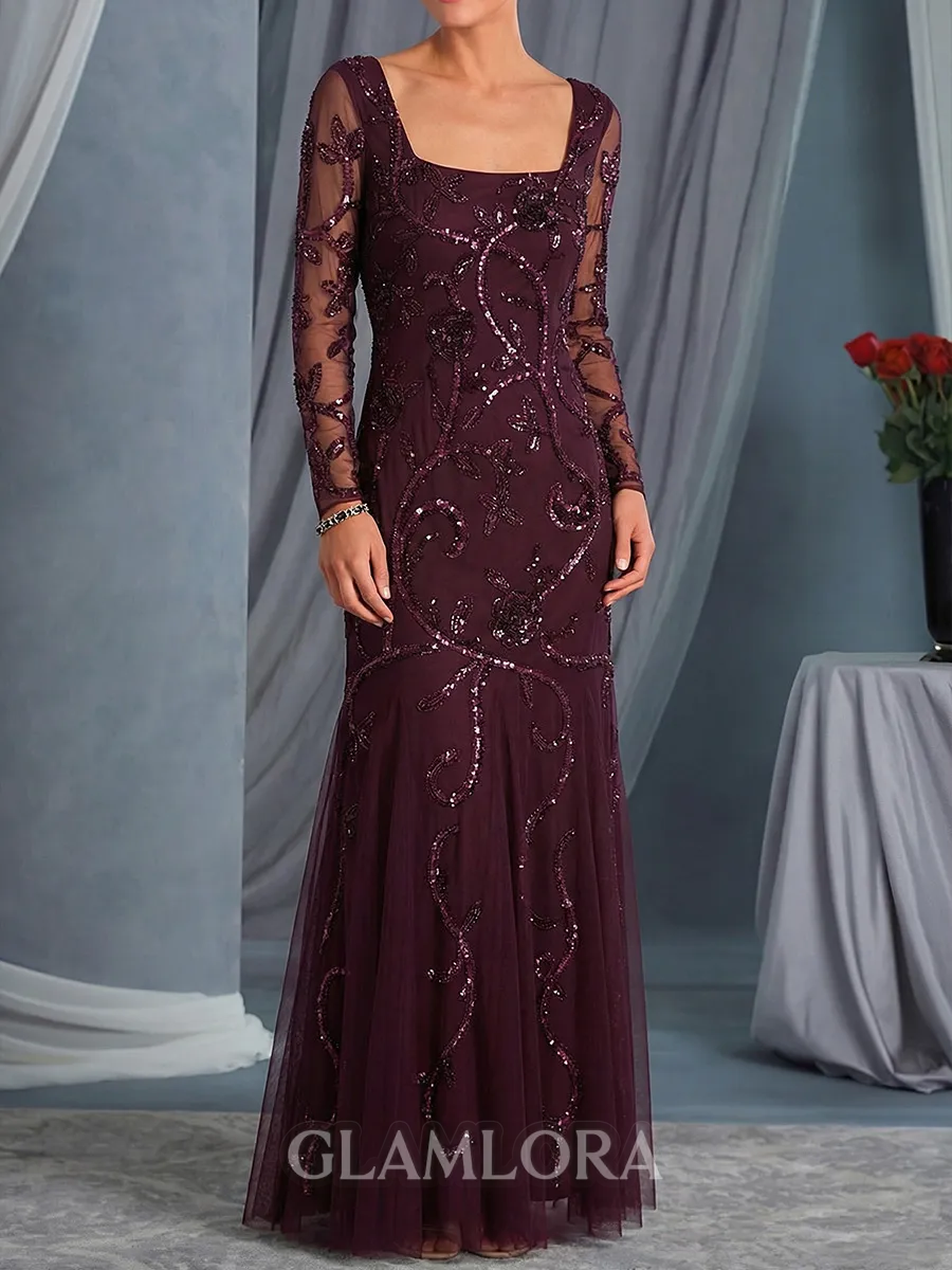Tasteful Sheath Square Appliques Lace Floor-Length Tulle Mother of the Bride Dress
