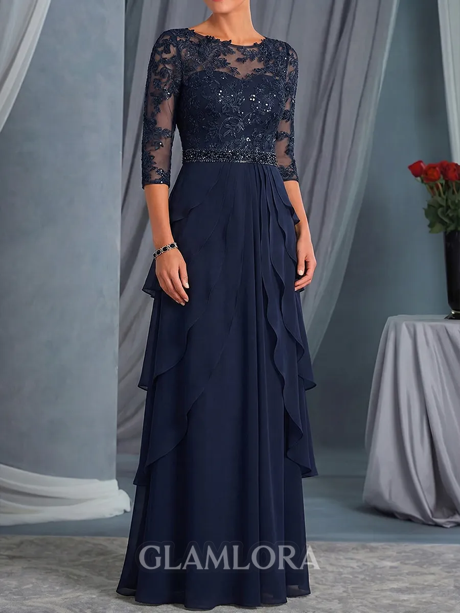 Rhythmic A-Line Scoop Appliques Lace Floor-Length Chiffon Mother of the Bride Dress