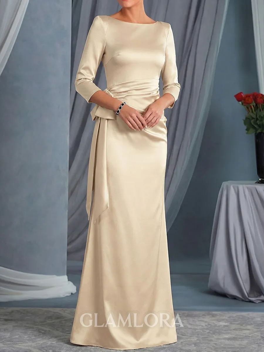 Unique Sheath Bateau Bow Floor-Length Silk Like Satin Mother of the Bride Dress