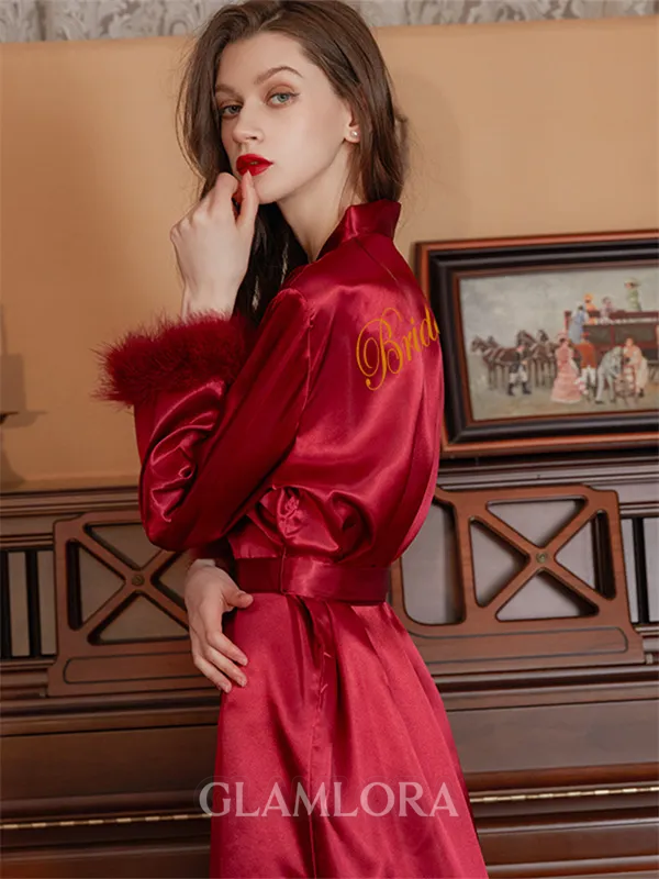 Attractive Silk like Satin Whith Feathers/Fur Bride Robes