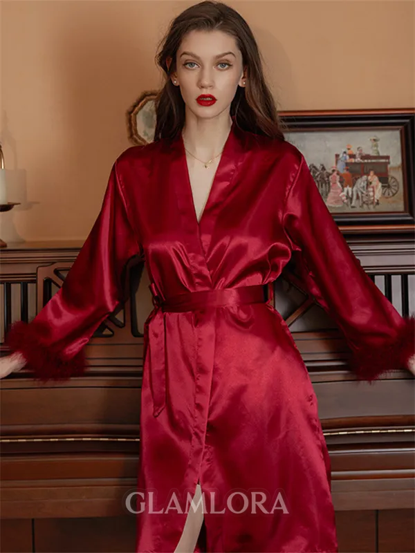 Comfortable Silk like Satin Whith Feathers/Fur Robes