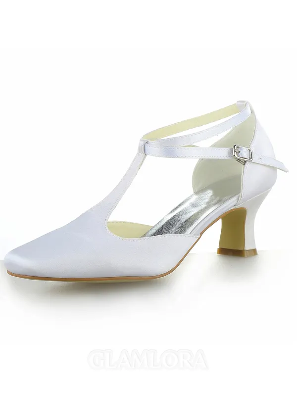 Women's White Satin Closed Toe Chunky Heel With Buckle High Heels