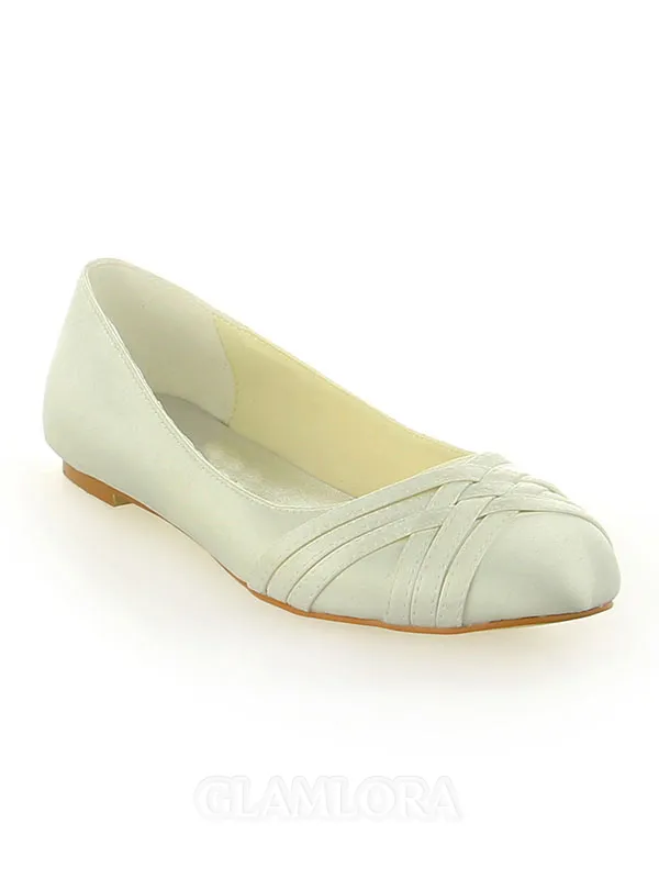 Women's Satin Closed Toe Flat Heel Ivory Wedding Shoes