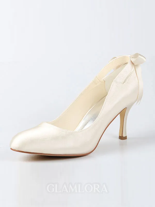 Women's Satin Closed Toe Spool Heel With Bowknot Wedding Shoes