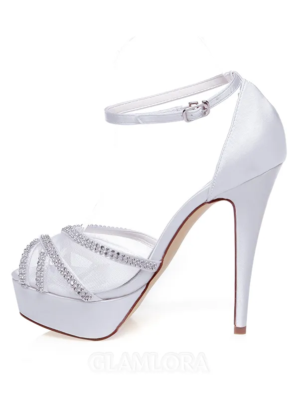 Women's Satin Peep Toe Stiletto Heel Rhinestones Wedding Shoes